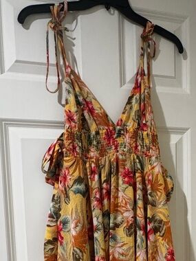 Forever 21 Yellow Floral Smocked Sundress with Tie Shoulders